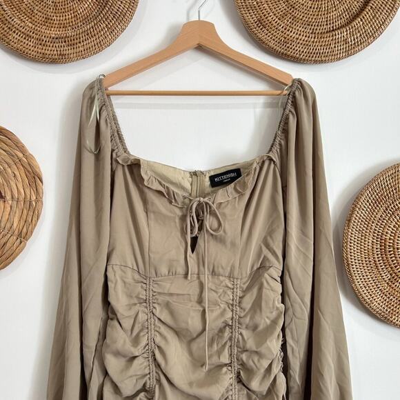 Kittenish Sage Green Lace Up Cinched Ruched Long Sleeve Mini Dress Medium - Picture 4 of 6